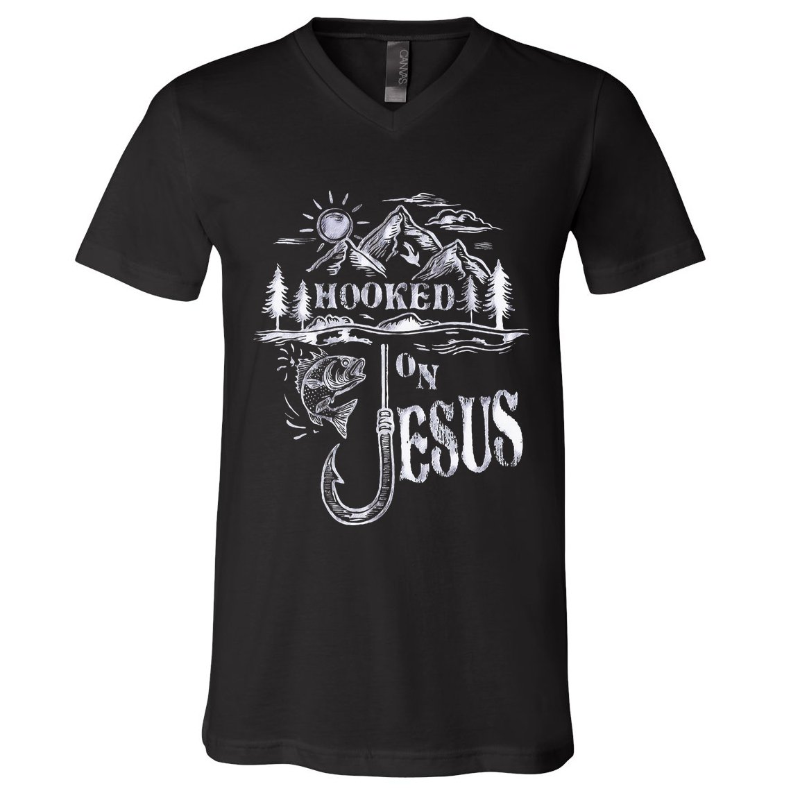 Hooked On Jesus Christ Faith Hope Love Religious V-Neck T-Shirt