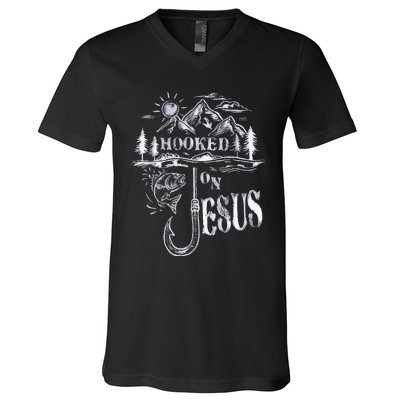 Hooked On Jesus Christ Faith Hope Love Religious V-Neck T-Shirt