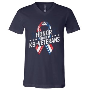 Honor Our K9 Veterans Usa Flag Ribbon Tribute V-Neck T-Shirt