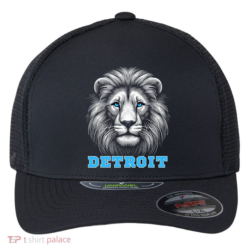 Head Of Lion With Blue Eyes Detroit Michigan Football Fan Flexfit Unipanel Trucker Cap