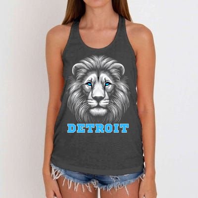 Head Of Lion With Blue Eyes Detroit Michigan Football Fan Women's Knotted Racerback Tank
