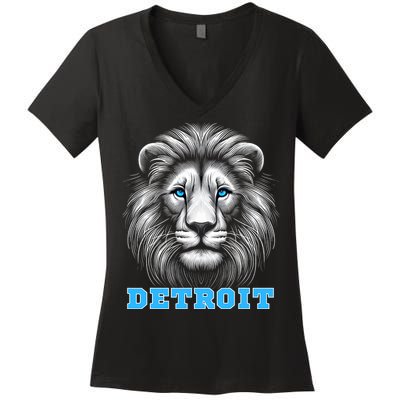 Head Of Lion With Blue Eyes Detroit Michigan Football Fan Women's V-Neck T-Shirt