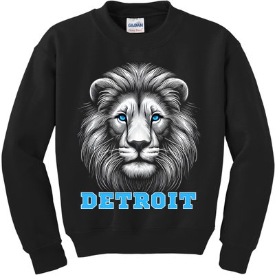 Head Of Lion With Blue Eyes Detroit Michigan Football Fan Kids Sweatshirt
