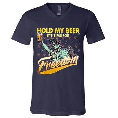 Hold My Beer It's Time For Freedom Statue Of Liberty V-Neck T-Shirt