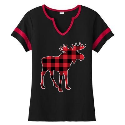 Holiday Plaid Moose Ladies Halftime Notch Neck Tee