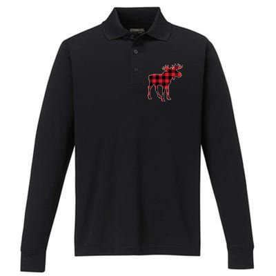 Holiday Plaid Moose Performance Long Sleeve Polo