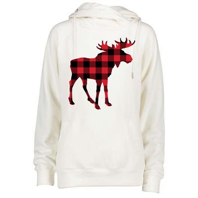 Holiday Plaid Moose Womens Funnel Neck Pullover Hood