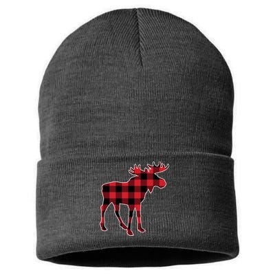 Holiday Plaid Moose Sustainable Knit Beanie