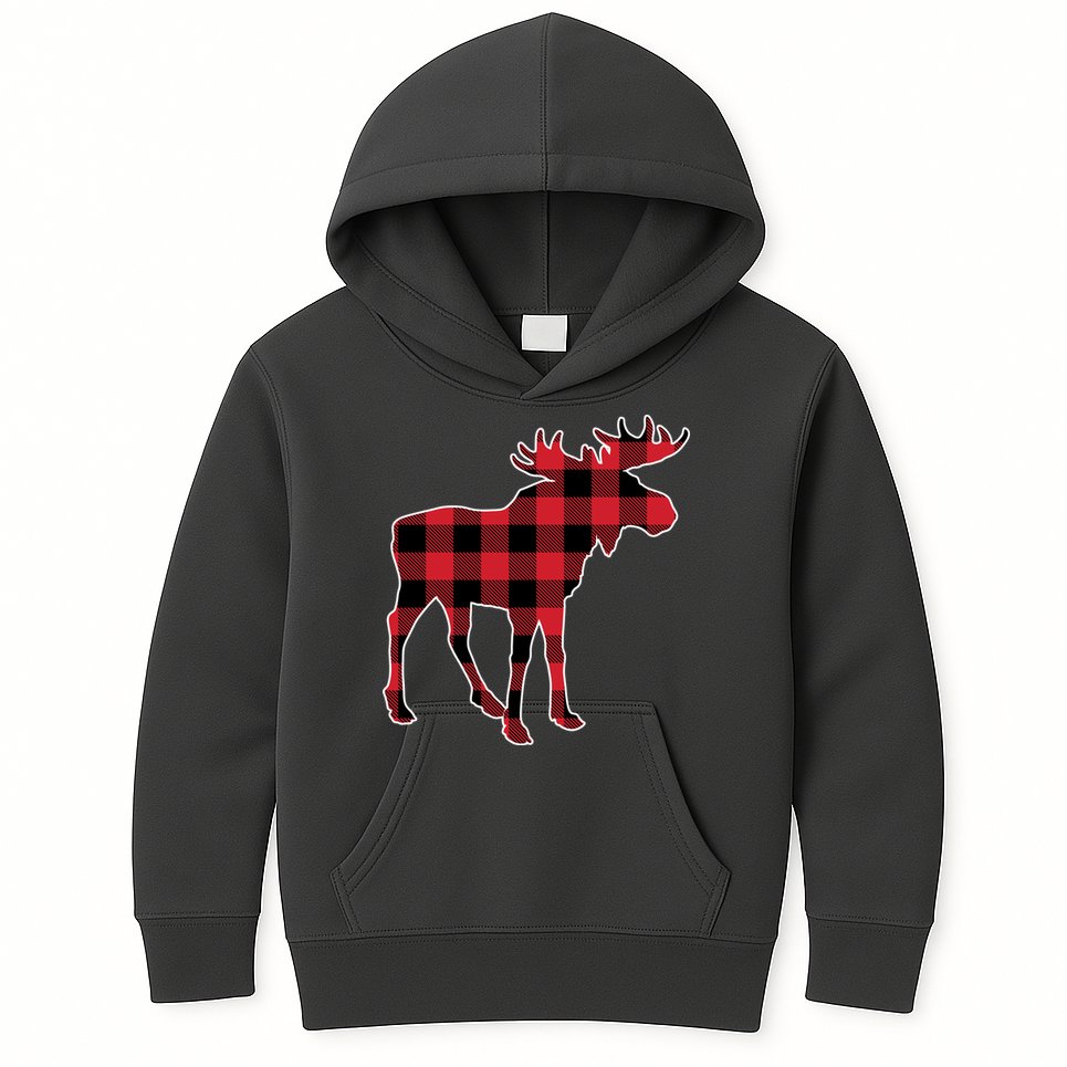 Holiday Plaid Moose Kids Hoodie