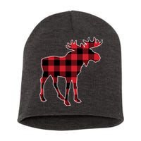 Holiday Plaid Moose Short Acrylic Beanie