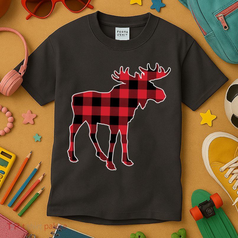 Holiday Plaid Moose Kids T-Shirt