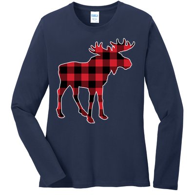 Holiday Plaid Moose Ladies Long Sleeve Shirt