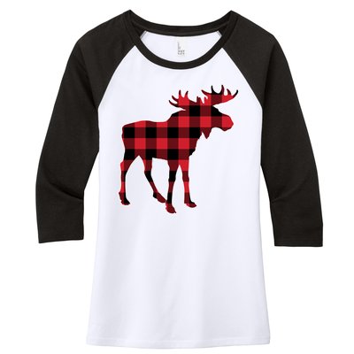 Holiday Plaid Moose Women's Tri-Blend 3/4-Sleeve Raglan Shirt