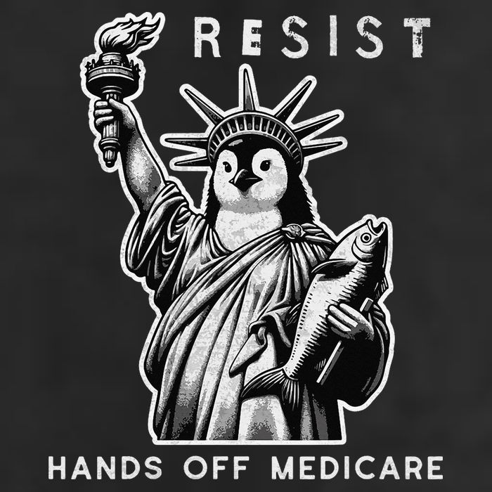 Hands Off Medicare Penguin Statue Of Liberty Resist Protest 7 Panel Mesh Trucker Snapback Hat