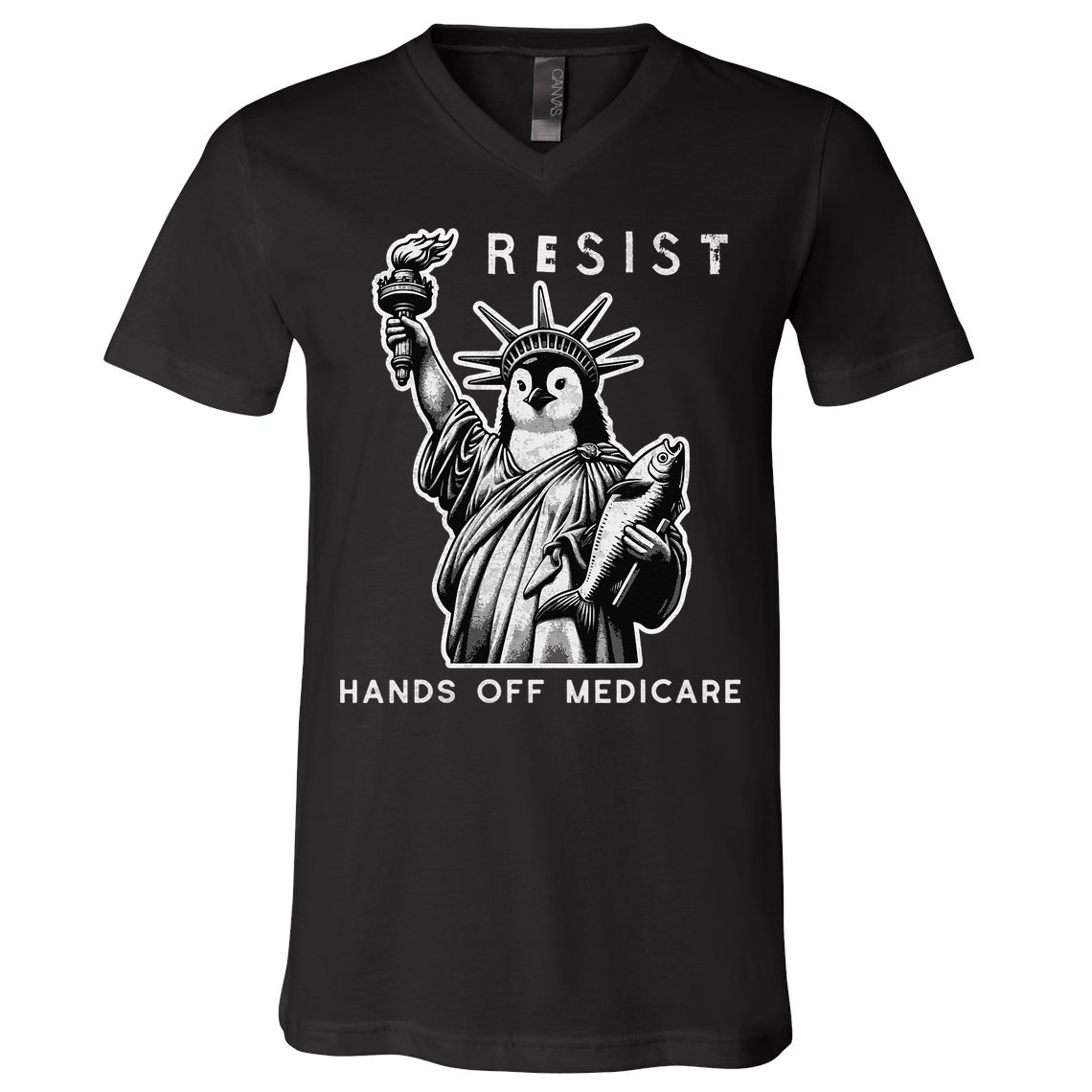 Hands Off Medicare Penguin Statue Of Liberty Resist Protest V-Neck T-Shirt