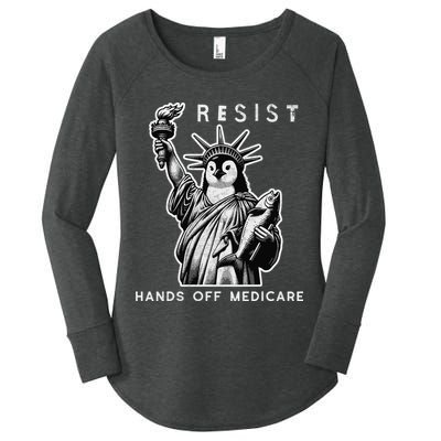 Hands Off Medicare Penguin Statue Of Liberty Resist Protest Women's Perfect Tri Tunic Long Sleeve Shirt