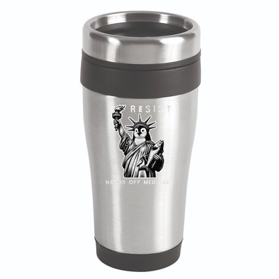 Hands Off Medicare Penguin Statue Of Liberty Resist Protest 16oz Travel Tumbler