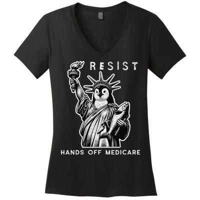 Hands Off Medicare Penguin Statue Of Liberty Resist Protest Women's V-Neck T-Shirt