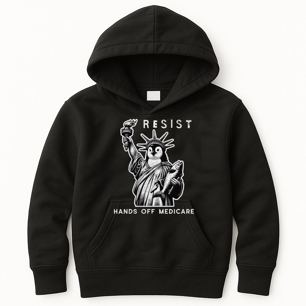 Hands Off Medicare Penguin Statue Of Liberty Resist Protest Kids Hoodie