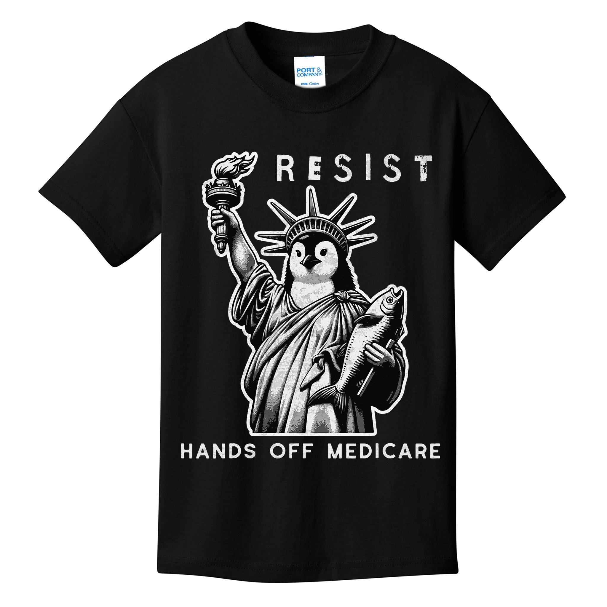 Hands Off Medicare Penguin Statue Of Liberty Resist Protest Kids T-Shirt