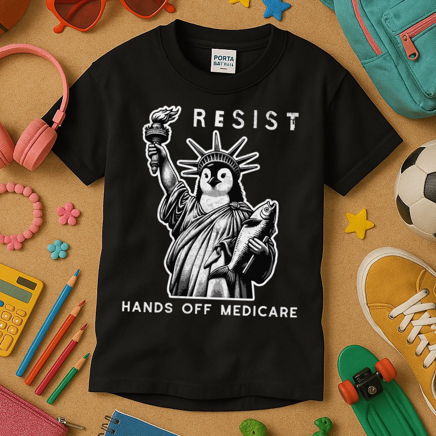 Hands Off Medicare Penguin Statue Of Liberty Resist Protest Kids T-Shirt
