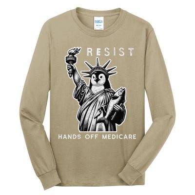 Hands Off Medicare Penguin Statue Of Liberty Resist Protest Tall Long Sleeve T-Shirt