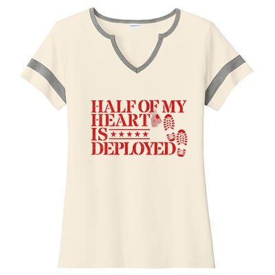 Half Of My Heart Is Deployed Husband Wife Deployment Ladies Halftime Notch Neck Tee