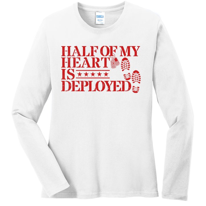 Half Of My Heart Is Deployed Husband Wife Deployment Ladies Long Sleeve Shirt