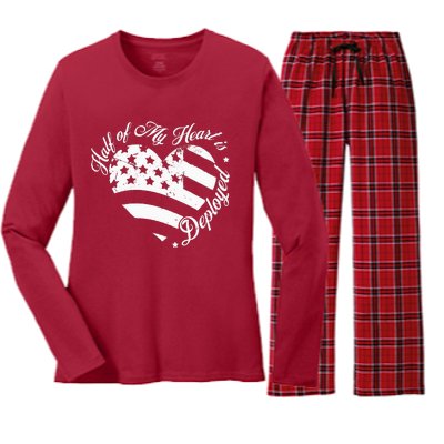 Half Of My Heart Is Deployed Husband Wife Deployment Gifts Women's Long Sleeve Flannel Pajama Set 