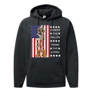 Honor The Fallen Thank The Living Memorial Day Veteran Performance Fleece Hoodie