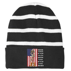 Honor The Fallen Thank The Living Memorial Day Veteran Striped Beanie with Solid Band