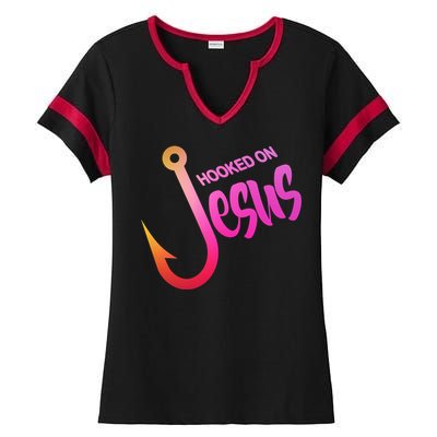 Hooked On Jesus Fish Hook Ladies Halftime Notch Neck Tee