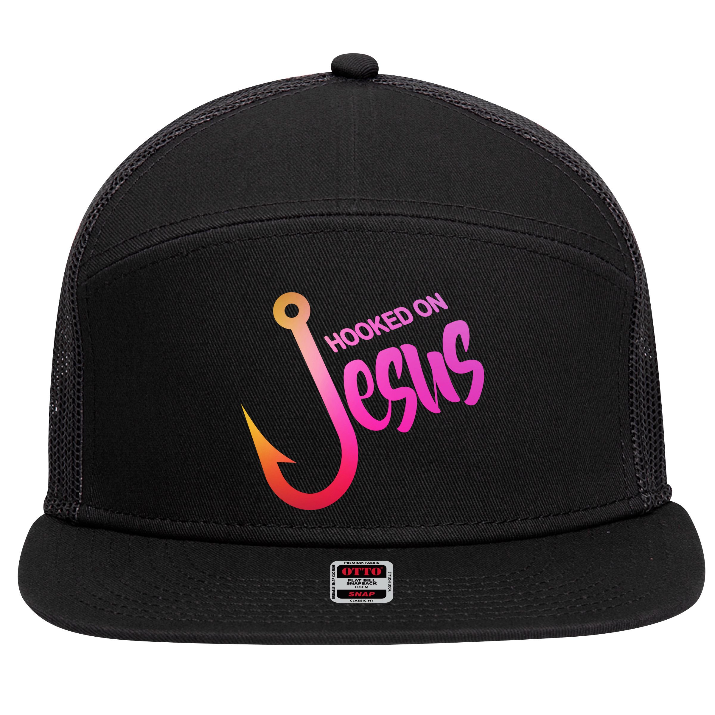 Hooked On Jesus Fish Hook 7 Panel Mesh Trucker Snapback Hat