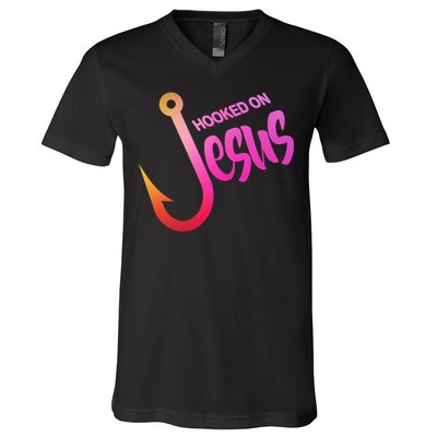 Hooked On Jesus Fish Hook V-Neck T-Shirt