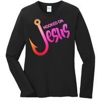 Hooked On Jesus Fish Hook Ladies Long Sleeve Shirt