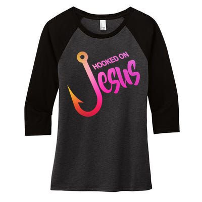 Hooked On Jesus Fish Hook Women's Tri-Blend 3/4-Sleeve Raglan Shirt
