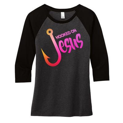 Hooked On Jesus Fish Hook Women's Tri-Blend 3/4-Sleeve Raglan Shirt