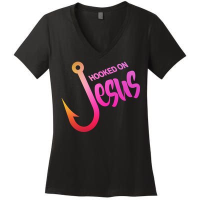 Hooked On Jesus Fish Hook Women's V-Neck T-Shirt