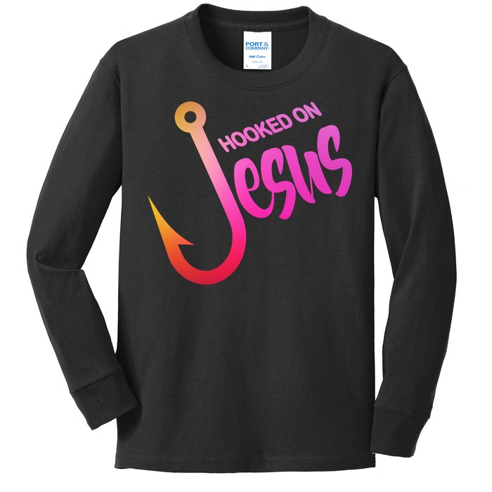 Hooked On Jesus Fish Hook Kids Long Sleeve Shirt