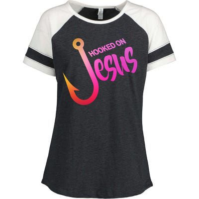 Hooked On Jesus Fish Hook Enza Ladies Jersey Colorblock Tee