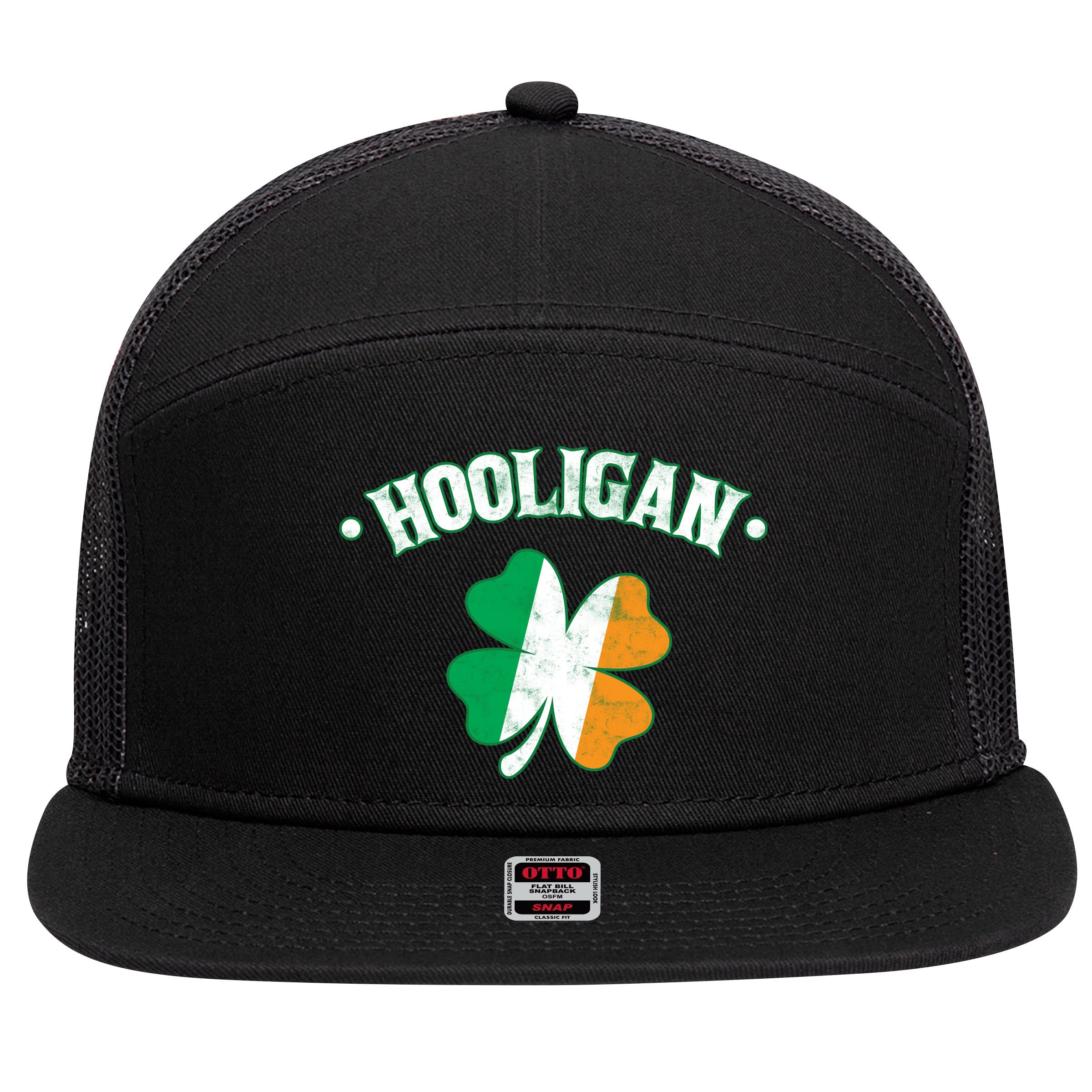 Hooligan Shamrock Ireland Flag 7 Panel Mesh Trucker Snapback Hat
