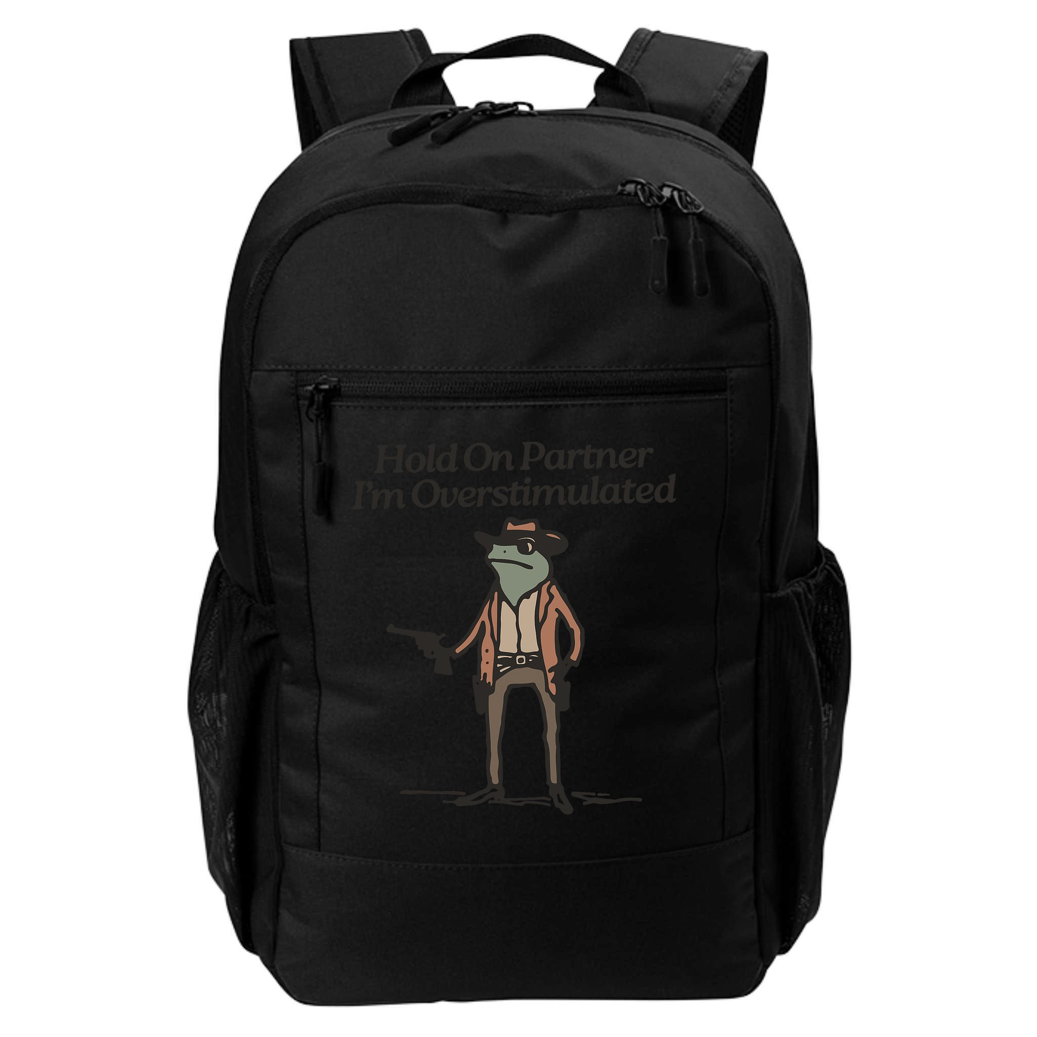Hold On Partner I'm Overstimulated Cowboy Frog Vintage Backpack