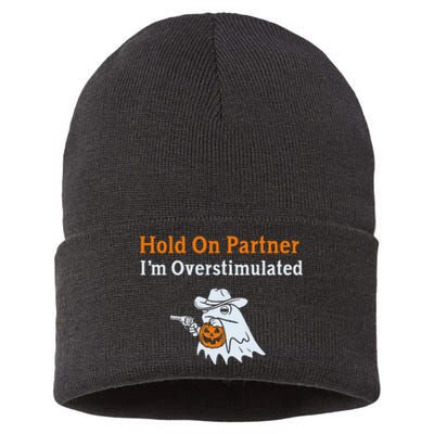 Hold On Partner IM Overstimulated Halloween Cow Frog Sustainable Knit Beanie