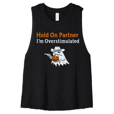 Hold On Partner IM Overstimulated Halloween Cow Frog Women's Racerback Cropped Tank