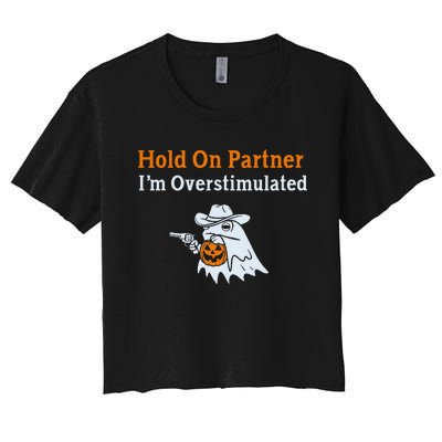 Hold On Partner IM Overstimulated Halloween Cow Frog Women's Crop Top Tee