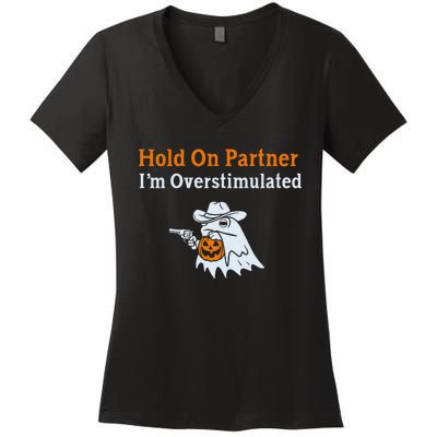 Hold On Partner IM Overstimulated Halloween Cow Frog Women's V-Neck T-Shirt