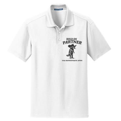 Hold On Partner IM Overstimulated Cowboy Raccoon Vintage Dry Zone Grid Polo