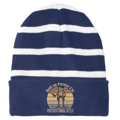 Hold On Partner Im Overstimulated Cowboy Frog Striped Beanie with Solid Band