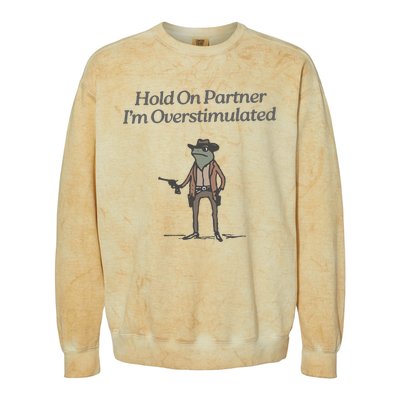 Hold On Partner IM Overstimulated Cowboy Frog Vintage Colorblast Crewneck Sweatshirt