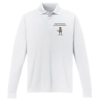 Hold On Partner IM Overstimulated Cowboy Frog Vintage Performance Long Sleeve Polo